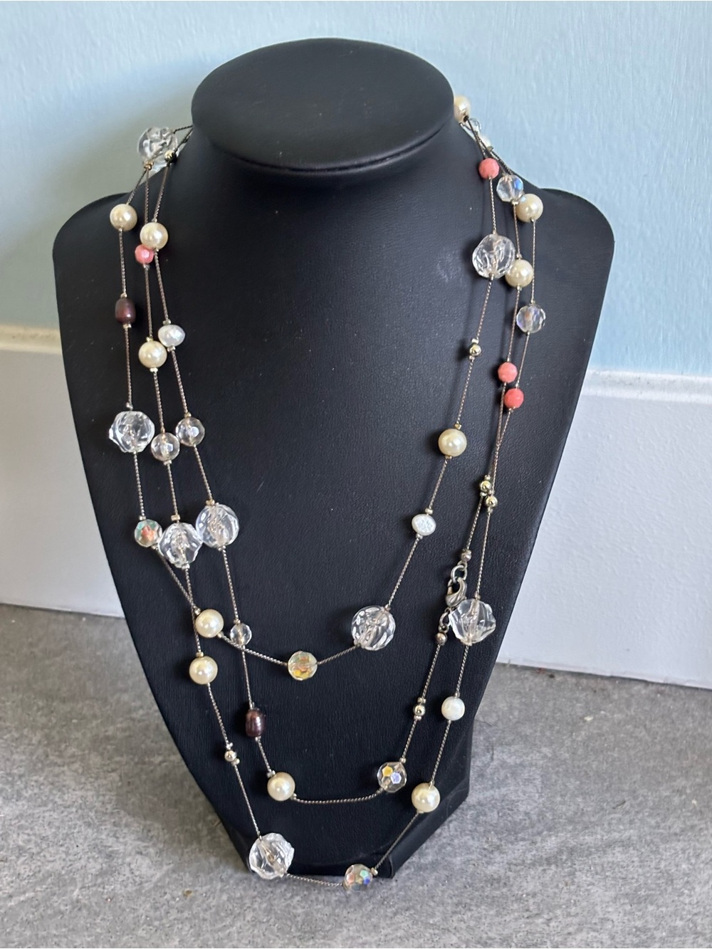 Multi-Strand Crystal & Pearl Necklace with Pink Accents